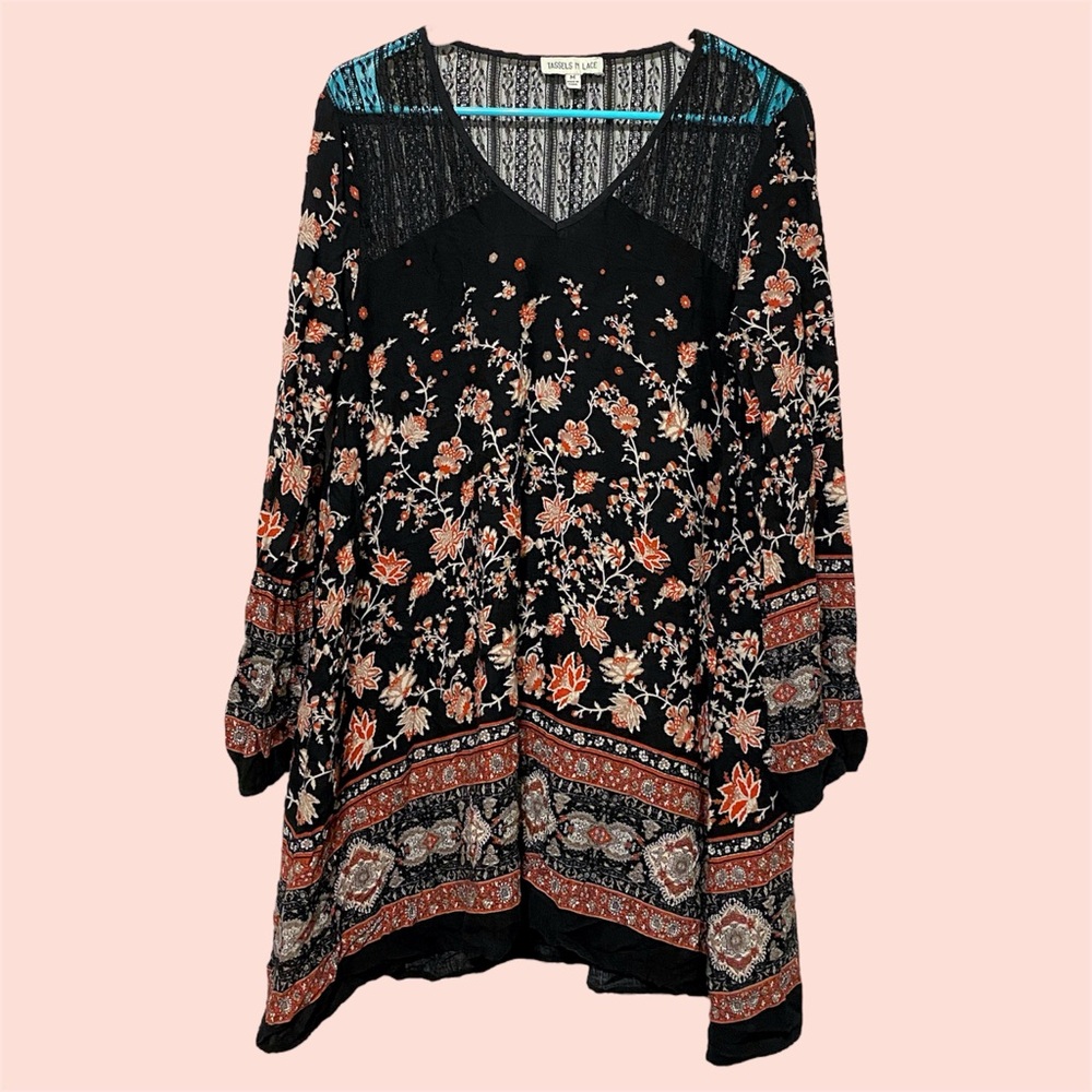 Tassels n Lace Black Floral 3/4 Sleeve Boho Tunic Top